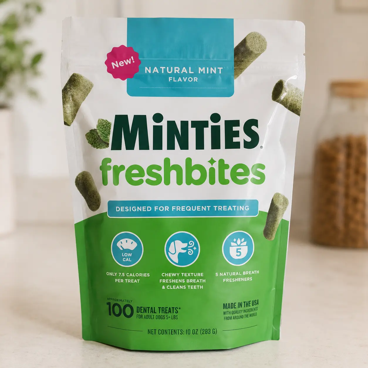 Minties FreshBites Soft & Chewy Dental Treats for Dogs - Low-Calorie Natural Mint Flavored Chews with Peppermint Oil, Vegetable Glycerin, Rice Flour, Lecithin - 100 Count, Cleans Teeth, Fights Bad Breath, Removes Plaque & Tartar