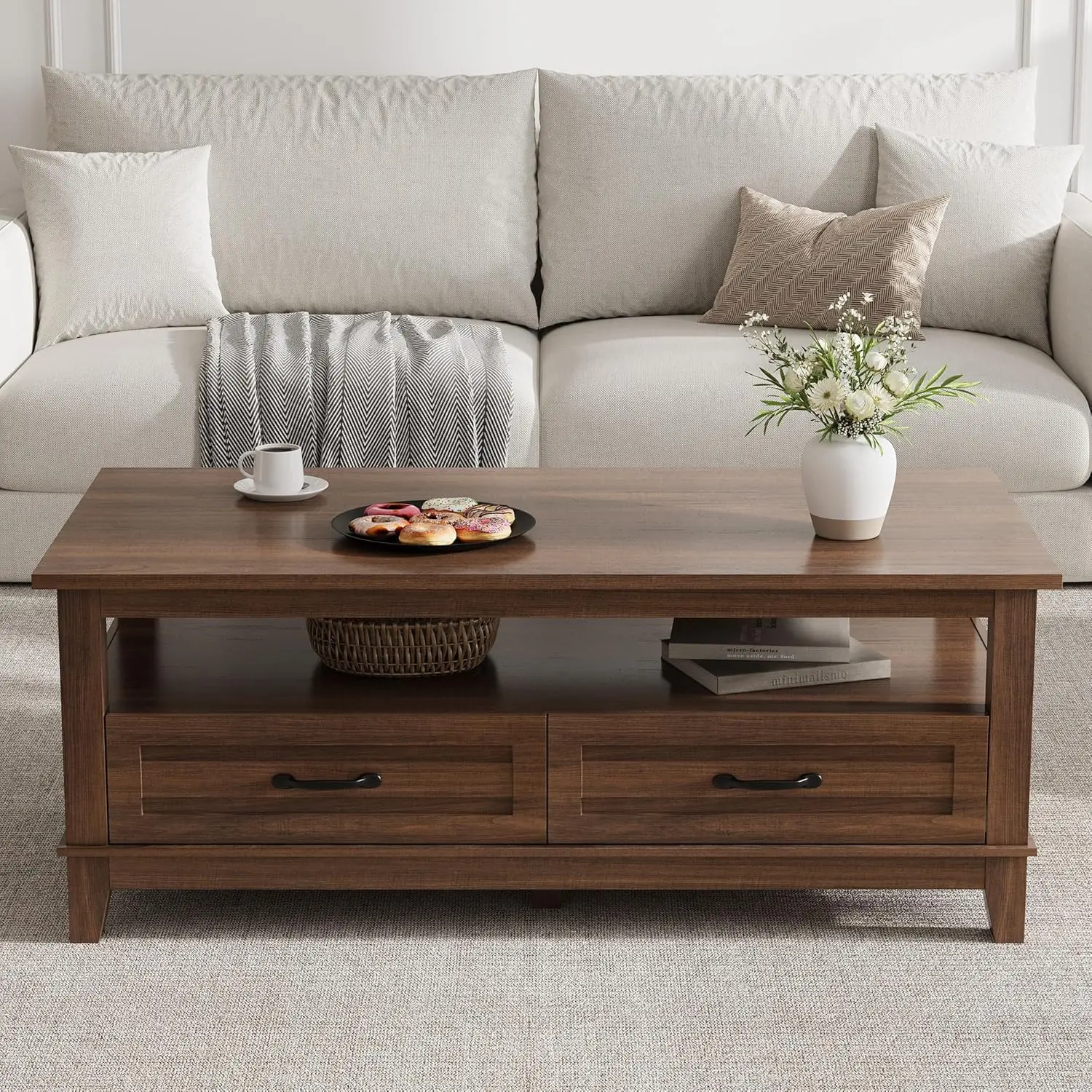 【Christmas Gift】47.2 In Rustic Walnut Farmhouse Rectangular Coffee Table, Living Room Rustic Wood Indoor Furniture with Drawers, Ample Storage & Elegant Brown Center Table, Living Room Tables, Farmhouse Rectangular Table
