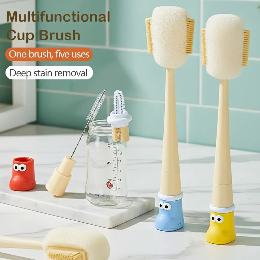 5-in-1 Multifunctional Cup Brush Set, Food-Grade Silicone and Sponge Heads, Home Care Cleaning Tool for Bottles, Mugs, Straws