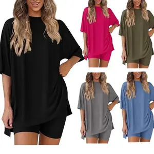 Women's 2 Piece Lounge Set 2026 Summer Casual Oversized Shirts & Biker Shorts Matching Airport Travel Outfit Clothes