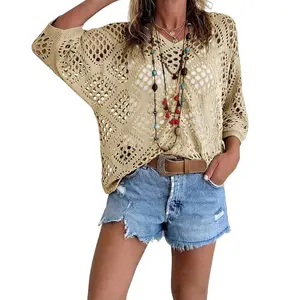 Fisoew Women's Bohemian-Inspired Beige Crochet Top with V-Neck #Springtok #summervibes Casual Chic Womenswear Lightweight costco finds this week tops women's clothes flash sale summer tops