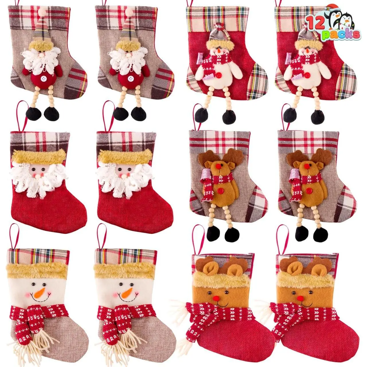 12-Piece Mini Christmas Stockings Set – Santa, Snowman & Reindeer Burlap Treat Bags for Gifts, Tree Decor & Holiday Party Favors