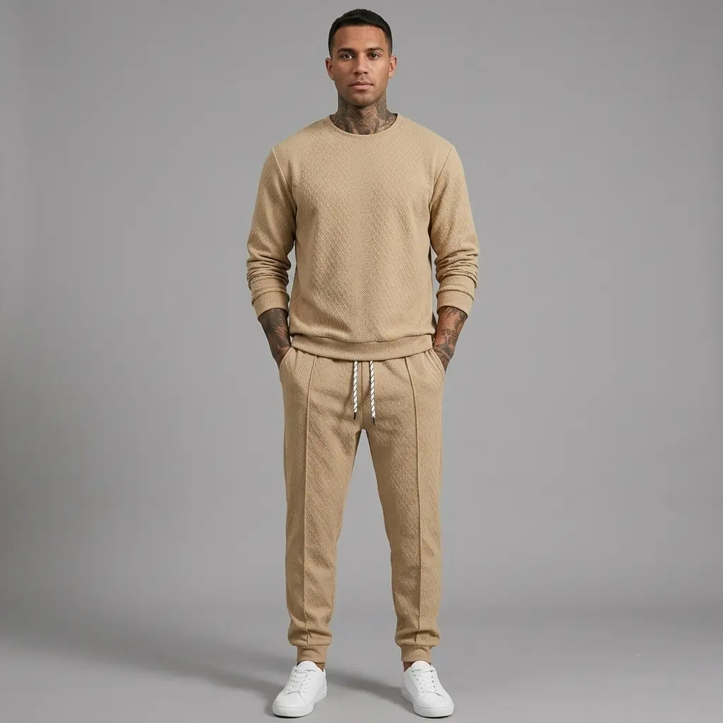 Men's Textured Knit Tracksuit Set, 2-Piece Athletic Wear with Long Sleeve Crew Neck Pullover and Jogger Pants, Basics, Male, Elastic Waistband, Polyester Blend, Casual, Cuff Sleeve, Drawstring, Hoodie/Jumper, Machine Washable, Layered Sets, Standard Sizes