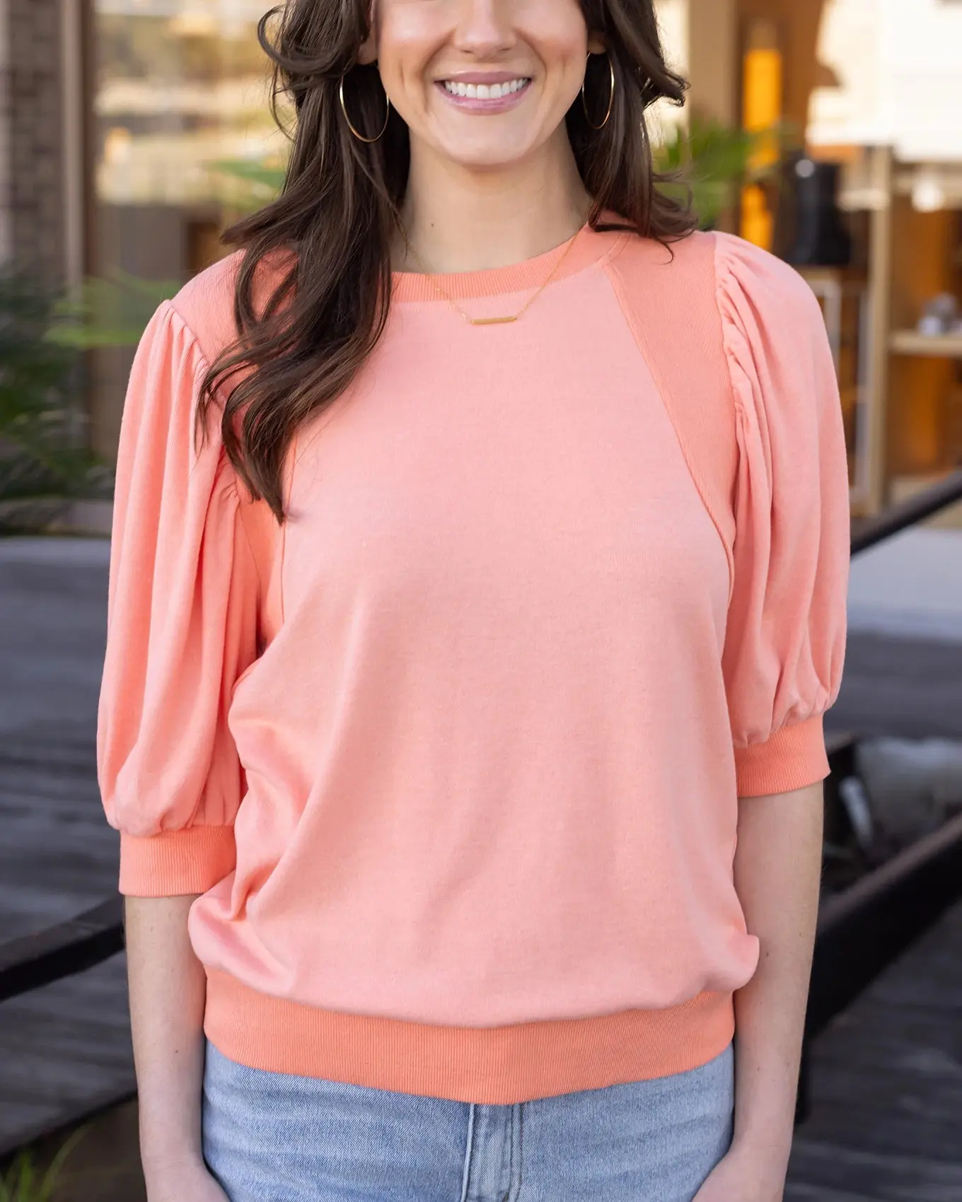 Two-Toned Coral Puff Sleeve Top