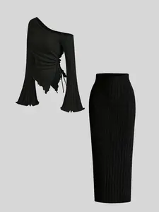Elegant, comfortable, versatile and Fitted irregular off-shoulder women's Knit long sleeves and half-length skirt suit, Fall outfit