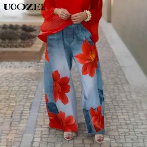 UOOZEE Women's Loose Wide Leg Floral Print Non-Denim Trousers Bottoms (Faux Denim) Pants with Front Pockets but Printed Fake Back Pockets，One size smaller