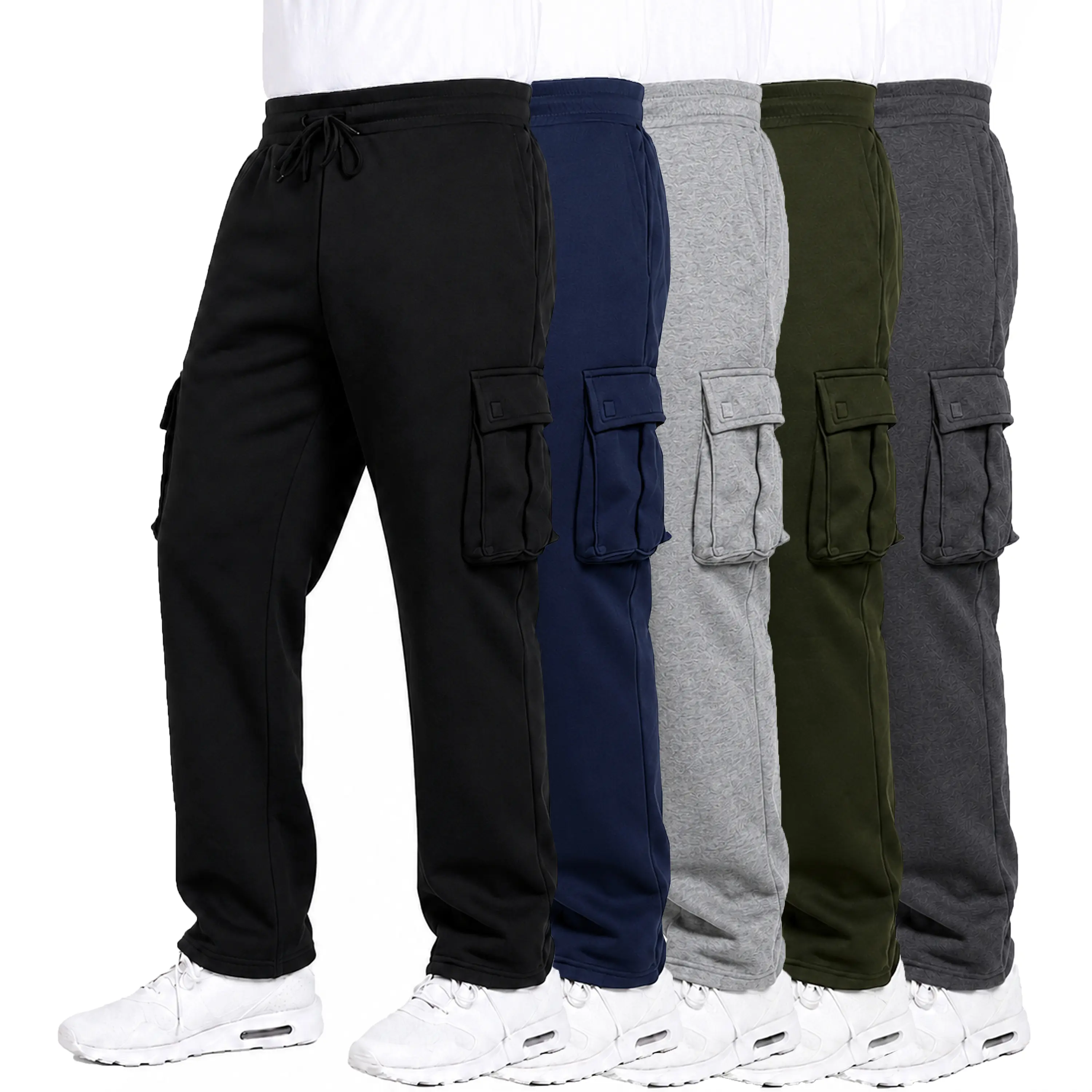 3 Pack Men's Open Bottom  Fleece Jogger Sweatpants with Velcro Cargo Pockets