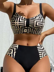 Women's Bikini Two-Piece Set, Geometric Pattern Print Design, Slimming Fit, Adjustable Back Straps, Beach Vacation Party Style, Beach Bikinis, Swimsuit