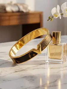 18K Gold Plated Monogram Leather Inlay Bangle, Luxury Designer Inspired Cuff Bracelet, Hypoallergenic Waterproof High Fashion Statement Jewelry, Elegant Daily Stackable Gift for Women