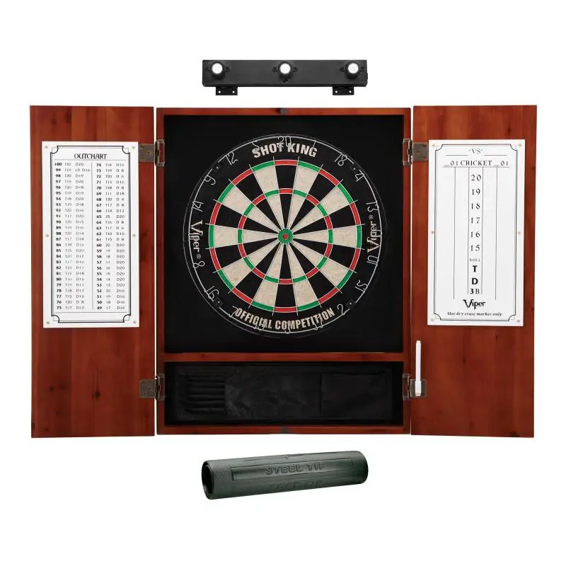 Complete Dartboard Set, Cinnamon Wood Cabinet with Dry Erase Scoreboard, 18” Sisal Fiber Board, LED Lights & Padded Mat, 18” Diameter, Dartboards, Protects Floor, Rounded Galvanized Spider, Self-Healing Sisal Fibers