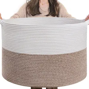 XXXLarge Blanket Basket for Living Room 21.7" x 21.7" x 13.8"-Storage Basket with Handle for Organizing Toy Pillows Woven Cotton Rope Laundry Basket Stuffed Animal Toy Storage for Play Room