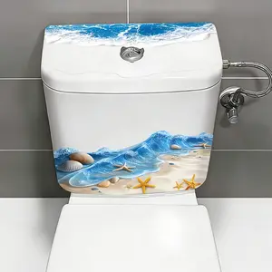 Self-Adhesive Waterproof Vinyl Toilet Sticker, Cute Penguin Cartoon Design, Beautiful Beach Landscape, Bathroom Decorative Decal, Bathroom Decorations