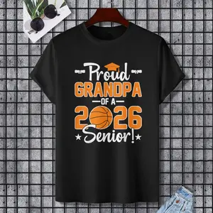 Proud Grandpa of a Class 2026 Senior Grandfather Basketball T-Shirt, 100% Cotton, Single Side Printed, Black Short Sleeve T-shirt, Gift for Family Friends, S-XXXL, 1 pc, Fabric Weight 180g
