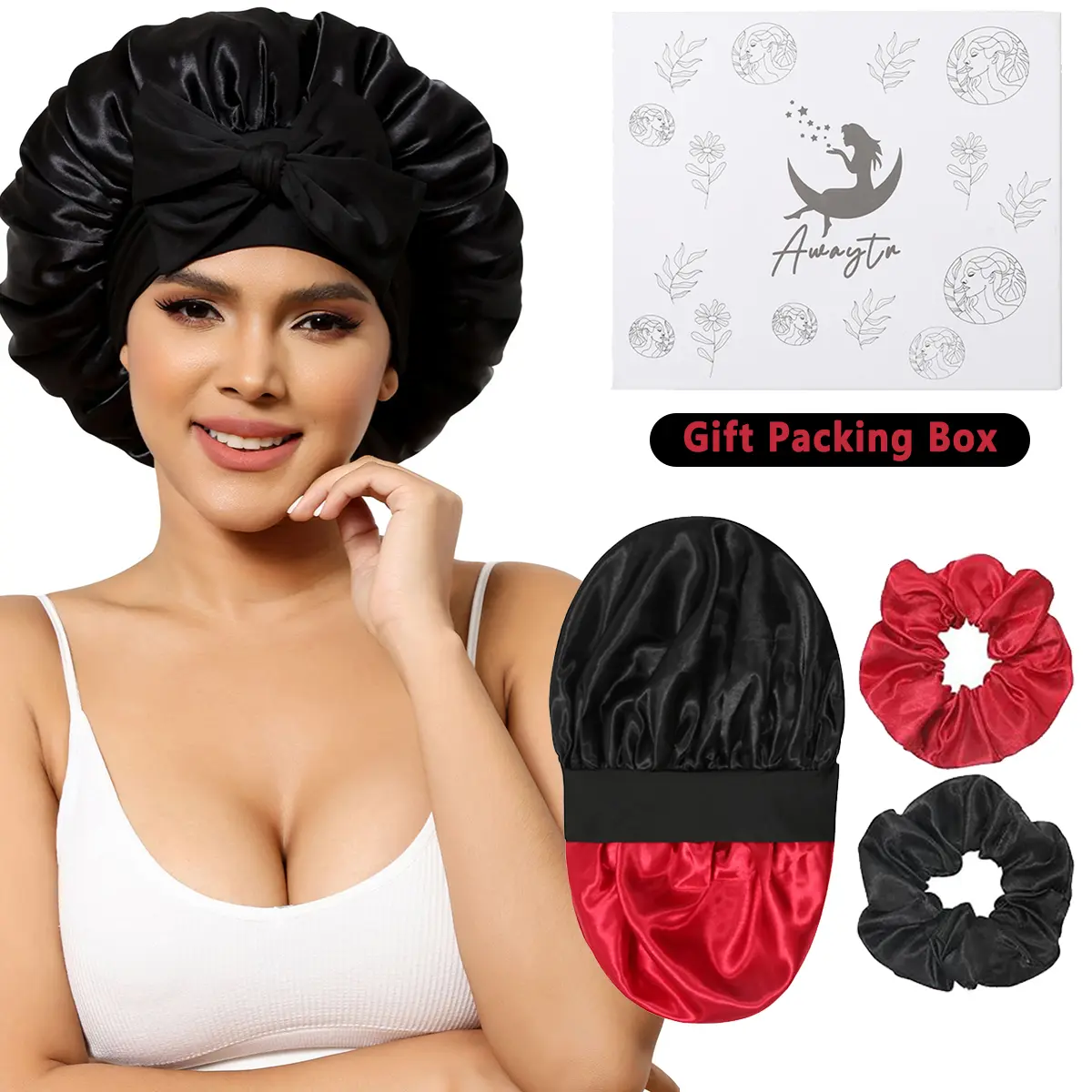 AWAYTR Women's Reversible Satin Sleeping Bonnet, Double Layer Haircare Night Cap with Adjustable Elastic Tie Band, Includes 2 Hair Scrunchies