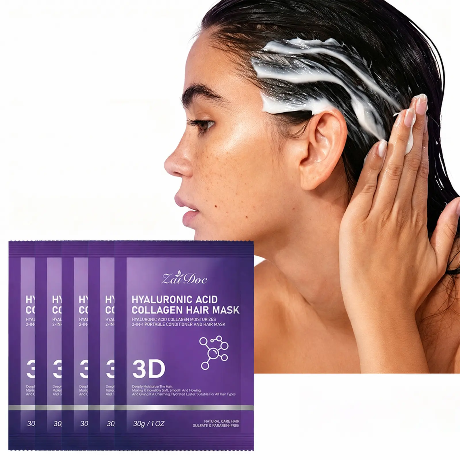 3D collagen hair mask 30g — Deeply repairs hair strands, replenishes moisture, restores hair's natural shine. Functions as a conditioner, lightweight and non-greasy, suitable for all hair types, leaving hair hydrated, glossy, smooth and easy to comb.