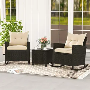 [Costway] Patio Rattan Rocking Chair with Seat Back Cushions and Waist Pillow, Sturdy Metal Frame, Mix Brown Outdoor Rocker for Balcony, Porch, Backyard, 3 Pieces Set/Single Rocking Chair-Deals for You Days