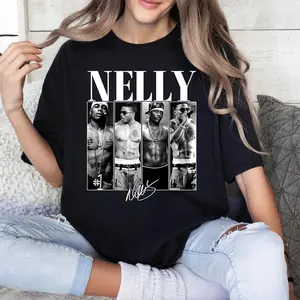 Graphic Nelly Nelly Rapper Bootleg T-shirt, Retro Y2k Casual Women's Fashion Top Basic Elastic Grey Knit Short Sleeve Crew Neck Unisex Heavy Cotton Tee - Garment