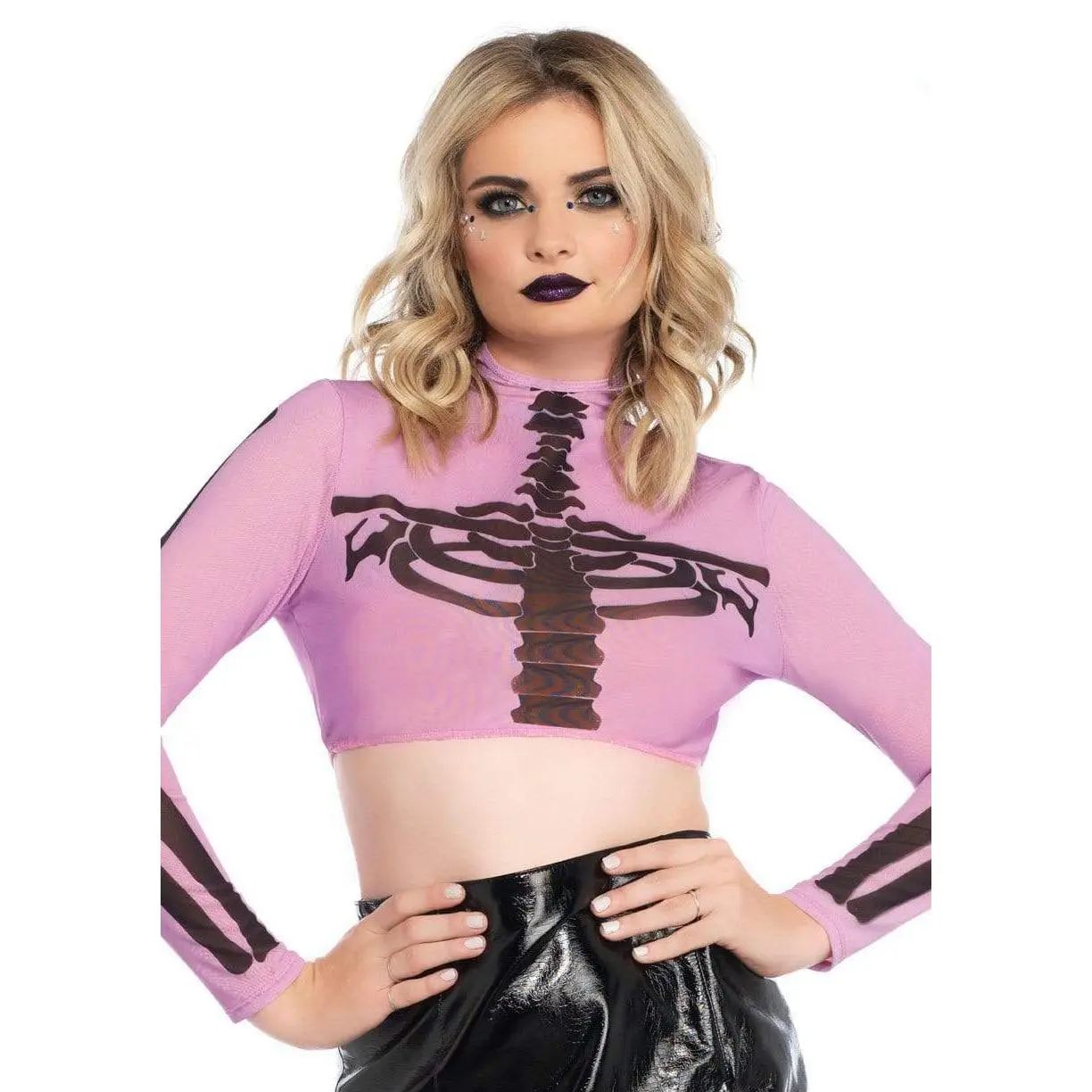 Women's Sexy Skeleton Mesh High Neck Long Sleeve Crop Blouse - Halloween Costume, Chic Festival Outfit Top, Paired with Jeans/Leggings, Zipper/Alien Accessories, Cold Wash, Do Not Bleach, Final Sale