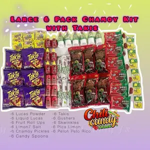 Larger 6 Pack Chamoy Kit with Takis with Gushers, Fruit Roll Ups, Skwinkles Salsaghetti, Limon7, Pica Limon, Lucas Chamoy Powder, Liquid Chamoy Lucas, Pelon Pelo Rico Variety Candy Snack Kit Gift