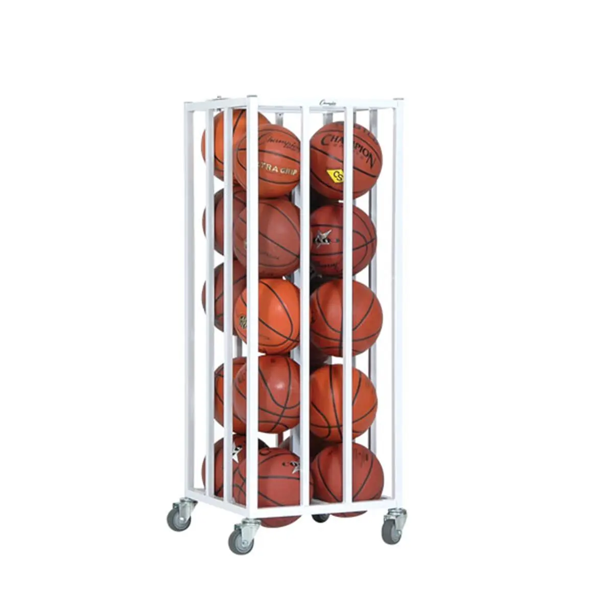 CHAMPION White Vertical Ball Cage - Portable Powder-Coated Metal Sports Organiser with Lockable Lid, Heavy-Duty Casters, Holds 20 Rubber Basketballs