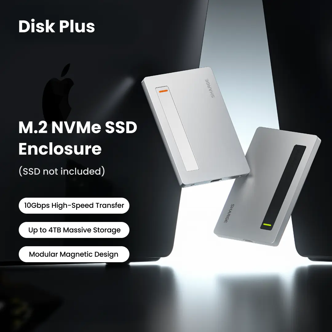 SHARGE Disk Plus SSD Enclosure (SSD Not Included) - M.2 NVMe USB-C 3.2 Gen2 10Gbps External SSD Case, Supports 2230/2242/2280 Single-Sided SSDs, Ultra-Thin Aluminum Body, Up to 4TB, Compatible with Laptop, Tablet & Smartphone