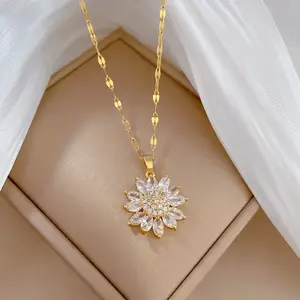 316L Stainless Steel Luxury Zircon Flower Pendant Necklace For Women Girl New Trend Clavicle Chain Jewelry Lady Gift