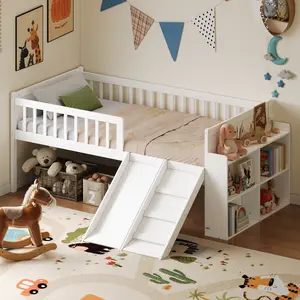 Twin Size Low Loft Bed with Slide for Kids,Girls,Boys Bedroom, Wood Twin Storage Bed Frame with Inclined Ladder, Easy to Assemble,Under Bed Storage, No Box Spring Needed, White