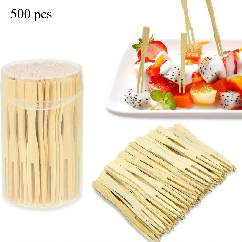 500pcs Bamboo Forks 8.5cm/3.4Inches, Disposable Mini Food Picks, Double Prong Fruit Cocktail Forks Blunt-end Forks
