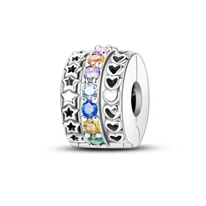 MULA 925 Sterling Silver Colorful Star and Heart Charm Clip | Multicolor Zircon Spacers for Bracelets and Necklaces | Safe and Stylish Jewelry Accessories | Fits Pandora Bracelets | Gift for Women and Girls