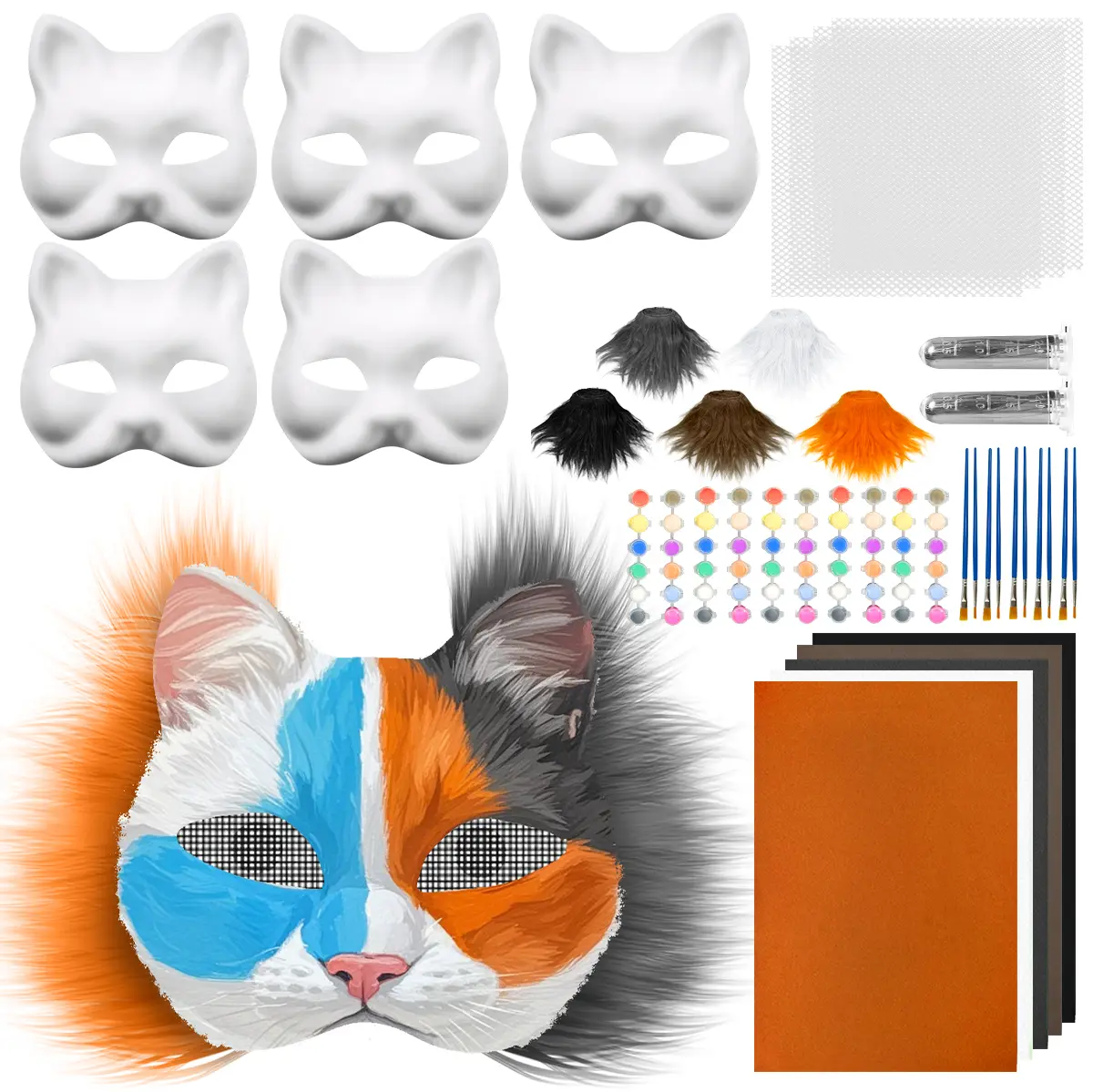 DIY Therian Mask Kit - 6Pcs Blank Cat Masks with Felt Fabric Sheets Plush Faux Fur Eye Mesh Whiskers Paintbrushes for Therian Stuff Masquerade Cosplay Party Set fnaf  mask