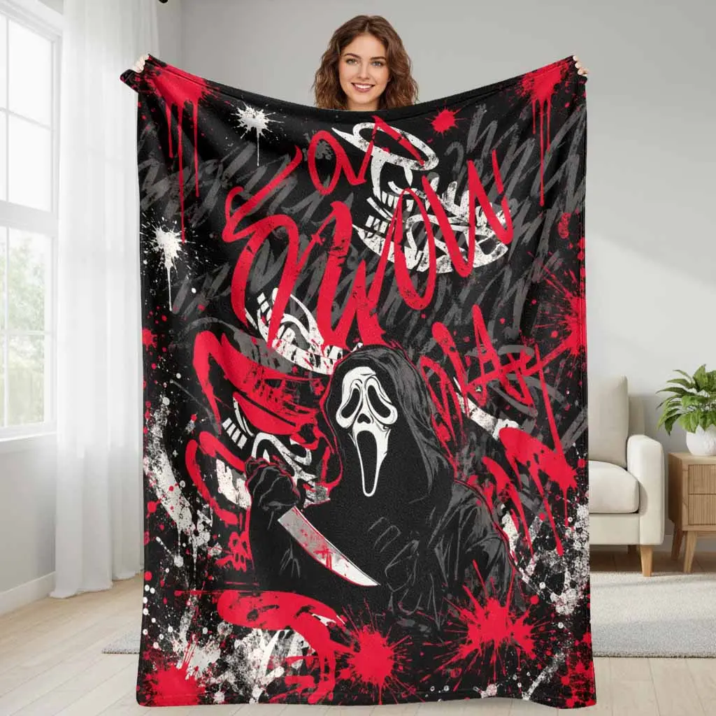 Horror Graffiti Print Flannel Fabric Blanket - Lightweight Weave, Soft, Breathable Premium Material, Multi-Size, Cozy for Sofa/Couch/Bed, Unique Aesthetic Home Decor Gift