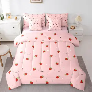 Girls Strawberry 7 Piece Bedding Set,Kawaii Bed Bag,Kids Japanese Style Pink Cute Cartoon Fruit Food Theme Comforter,with Sheets,Girly White Bed Set