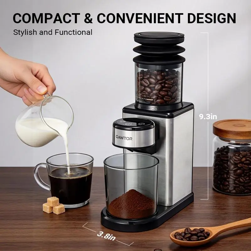 Qawtor Conical Burr Coffee Grinder Touch Edition, Electric Coffee Bean Grinder with 25 Adjustable Grind Settings, Precision Timer, Anti-Static Design & Built-In Cleaning Blower, Compact 200W Grinder for Espresso, Pour Over, Drip Coffee & French Press