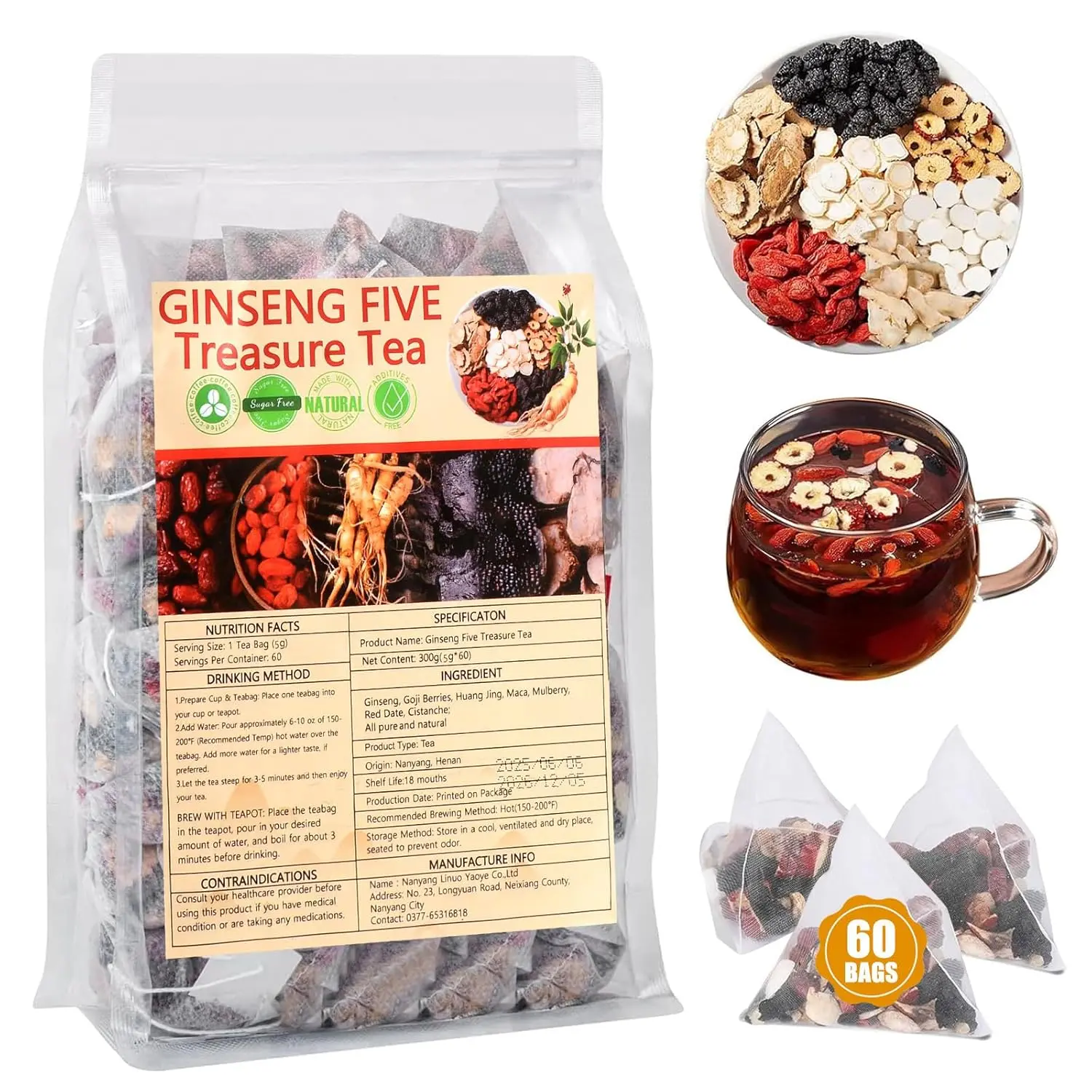 Ginseng Five Treasures Herbal Tea Bags with 7 Botanical Ingredients, Traditional Chinese Herbal Tea, Caffeine Free, 25 Tea Bags, 1 Pack