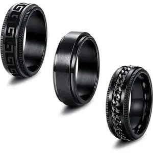 FLORIDECO 3Pcs Stainless Steel Greek Key Spinner Band Ring Set for Men Women 8MM Wide Wedding Promise Stress Relieving Fidget Ring Trendy Jewellery Accessories