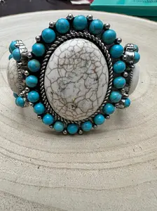 Large Western Faux Turquoise and White Buffalo Stretch Cuff Bracelet