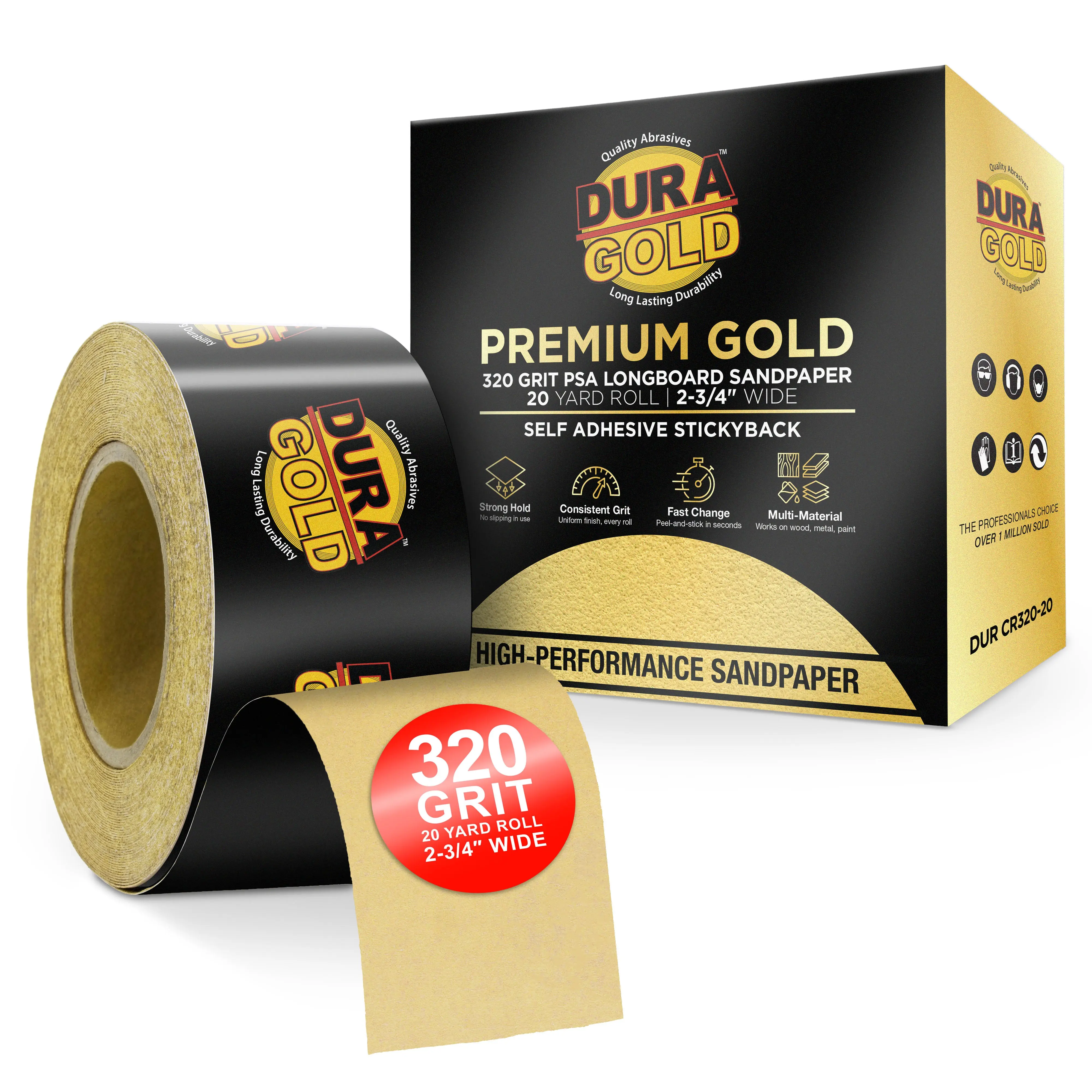 320 Grit Gold - Longboard Continuous Roll PSA Stickyback Self Adhesive Sandpaper 20 Yards Long by 2-3/4" Wide