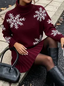 Women's Knit Set Autumn Winter Elegant High Neck Drop Shoulder Long Sleeve Sweater and Pleated Skirt 2 Piece Set