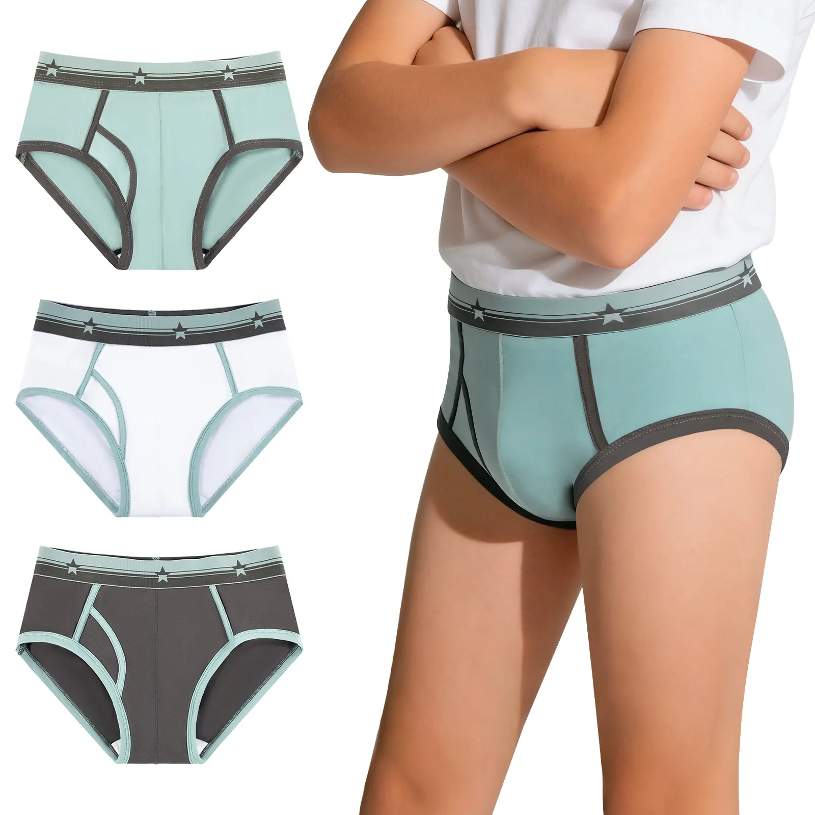 CARER 3-Pack Boys' Athletic Cotton Boxer Briefs - Soft Absorbent Youth Underwear, Reusable Front Leakproof Protection for Sports & Sleepovers, Casual Youth Underwear, Soft Absorbent Underwear