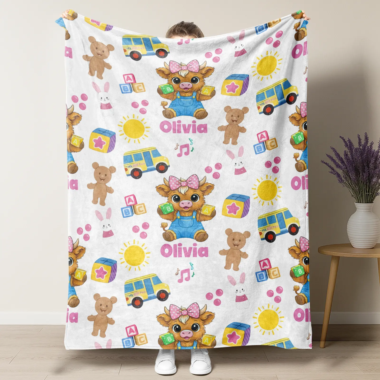 Custom Name Cute Highland Cow Baby Toddler Blanket,Personalized Name & Toy Pattern Soft Flannel Blanket,Perfect Nursery Gift,Cozy Nap Blanket for Toddlers