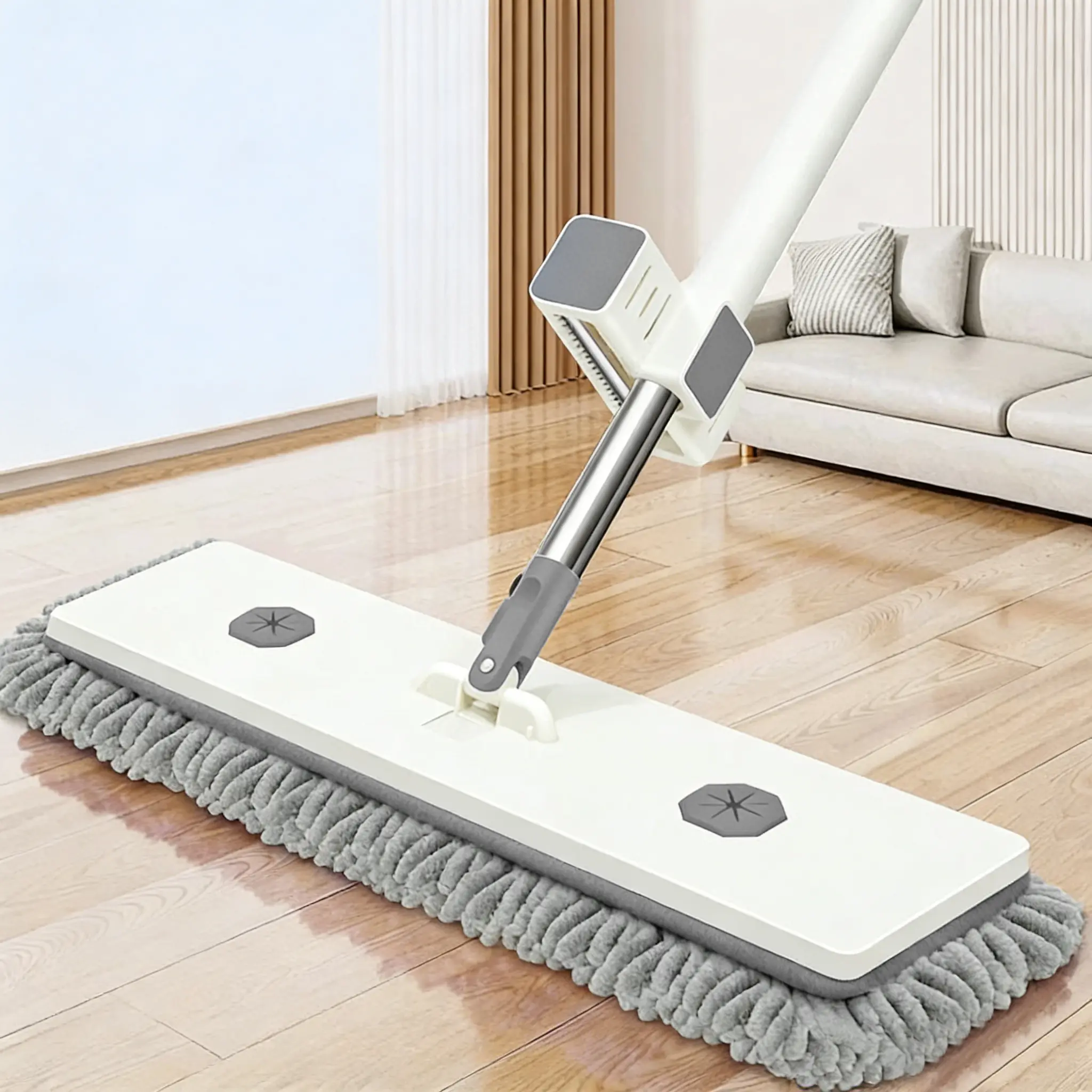 Self-Wringing Chenille Flat Mop with Long Rotatable Handle, 24-Inch Microfiber Heads Pad, Easy Rinse & Squeeze System, Quick-Dry, Space-Saving Stand Storage, Durable Household Floor Cleaning Mop Tool, Flat Mop Mops, Long Handle Mops
