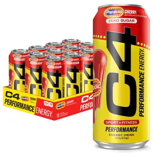 C4 Energy Drink x POPSICLE Cherry, Carbonated Sugar Free Pre Workout Performance Drink with no Artificial Colors or Dyes, 16 Oz, Pack of 12