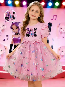 Princess Style Party Dress, Girl Group Theme Toddler Dress, Butterfly Mesh Dress, Elegant Design, Perfect for Birthday Parties, Graphic Print Dress, Spring Summer Fall