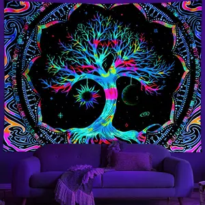 Tree Of Life Pattern Tapestry, UV Fluorescent Colorful Hippie Trilogy Tapestry, Mandala Illusionary Poster, Wall Hanging Decoration for Living Room, Bedroom, and Dormitory