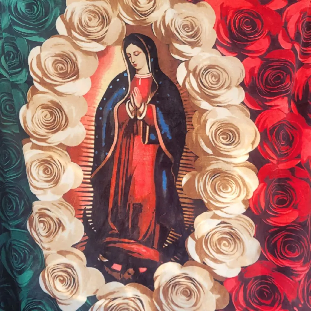 Virgen de Guadalupe Mexican Flower Flag Throw Blanket, King Oversized (50"x60 inches, 101Cm×76Cm（30X40in）, 122Cm×81Cm（32X48in）), Christmas Holiday Decor, Breathable, Durable, Lint-Free, Wrinkle-Resistant for Family Use