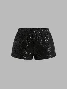 Women's Casual Elegant Glitter Sequins Shorts, Perfect for Holidays and Parties, Slim-Fitting Basic Style, Plain Pattern