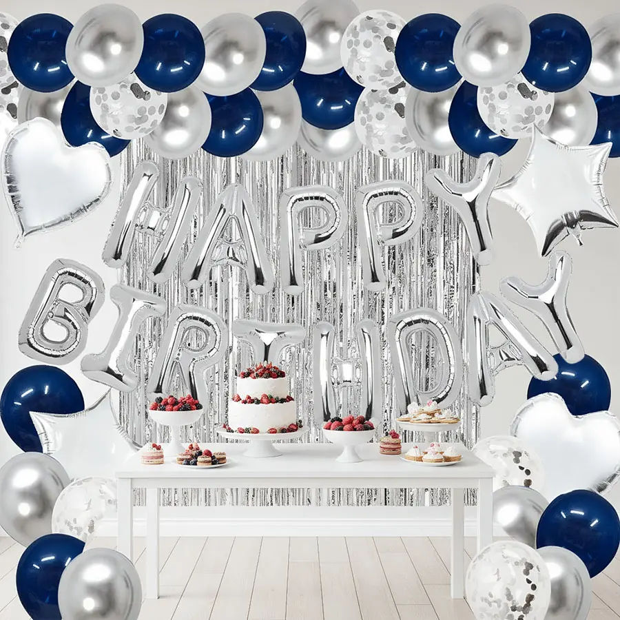 Elegant Blue Silver & Rose Gold Birthday Balloon Decoration Kit with Foil Curtain Heart-Shaped & Confetti Balloons for Surprise Parties Summer Celebrations & Baby Showers