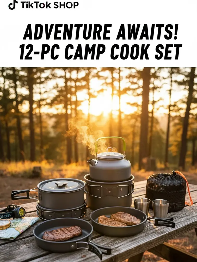 12-Pieces Camping Cookware Set - Portable Stackable Outdoor Cooking Kit with Pot, Pan, Kettle, Stainless Steel Cups, Foldable Cutlery, Mesh Bag Carry for Backpacking, Outdoor Meals (Suitable for 2-3 People)