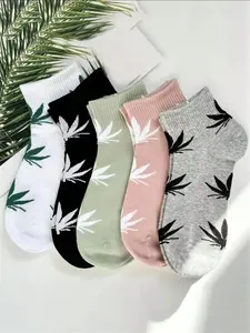 5 Pairs Women's Socks, Cute Maple Leaf Print Ankle Crew Socks, Comfortable Soft Casual Socks for Spring Summer Fall, Daily Wear Outdoor Sports