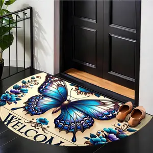 [Blue Butterfly Welcome Mat] 1pc Vintage Floral & Butterfly Print Doormat – Semi-Circular Non-Slip Design, Durable Decorative Mat, Machine Washable Polyester Mat for Entryway, Porch, or Hallway, Perfect for Romantic Decor | Durable Outdoor Mat